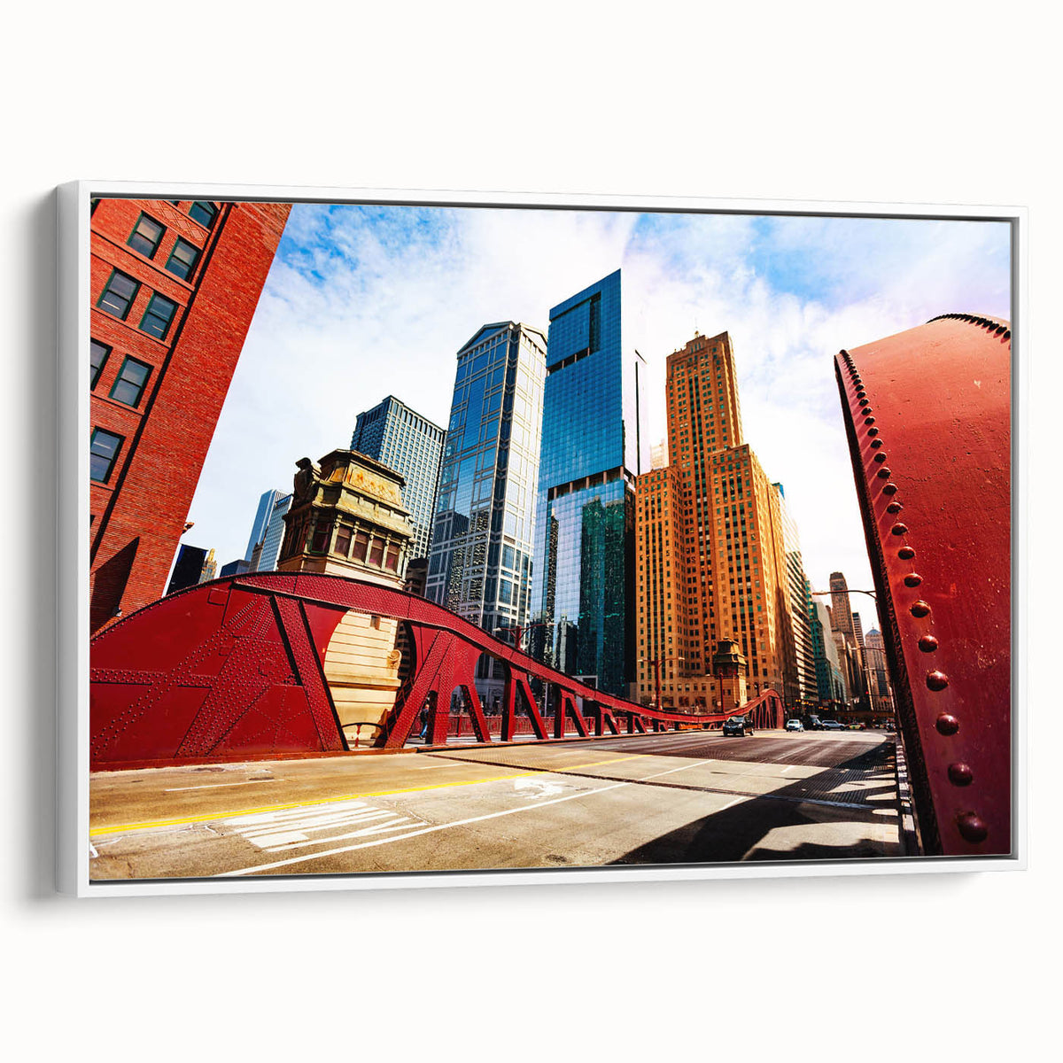 Vintage poster art of Chicago skyline in vibrant colors on a large framed canvas, suitable for living room decor.