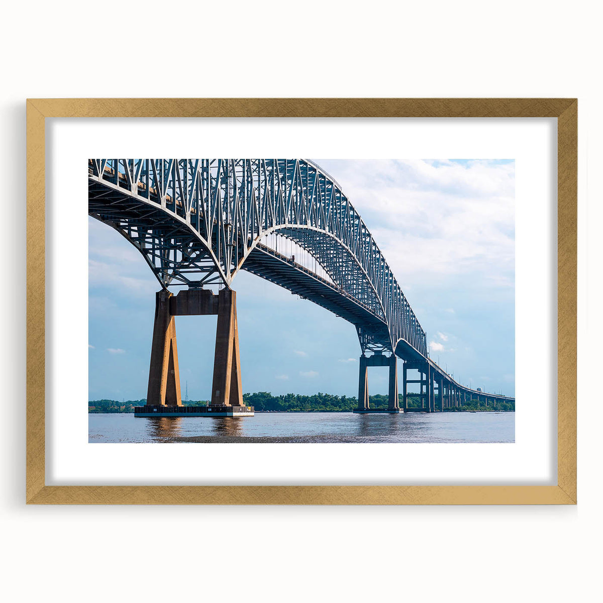 Extra large abstract art print of Baltimore scenery in muted earth tones on a textured canvas, framed in gold.