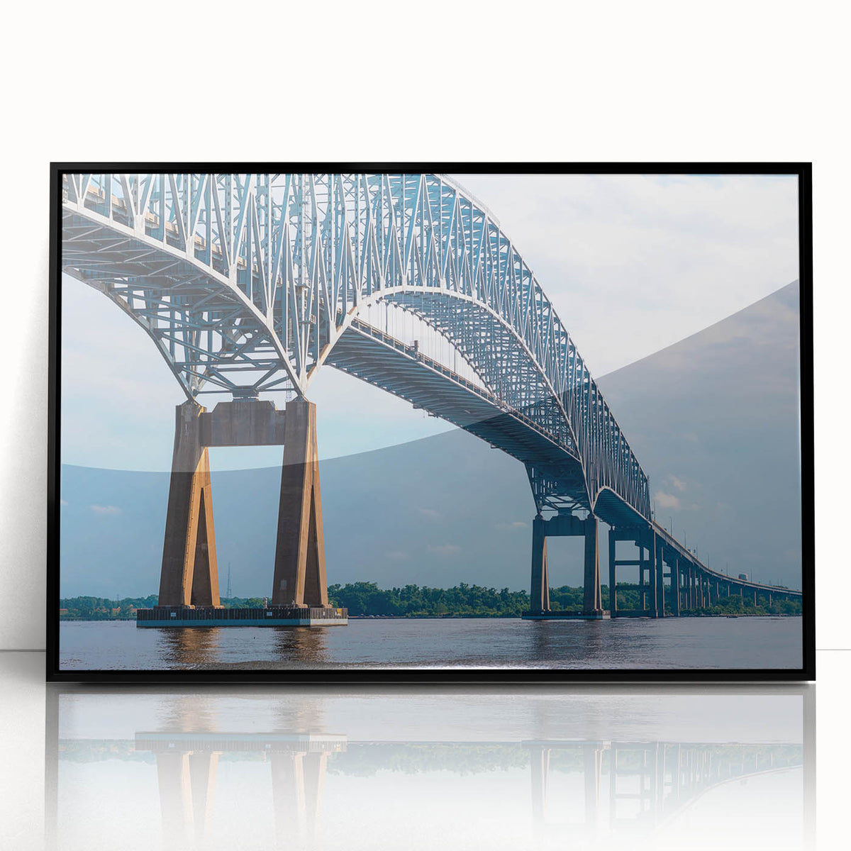 Framed acrylic print of Baltimore skyline in muted gray and blue tones, suitable for dining room decor.