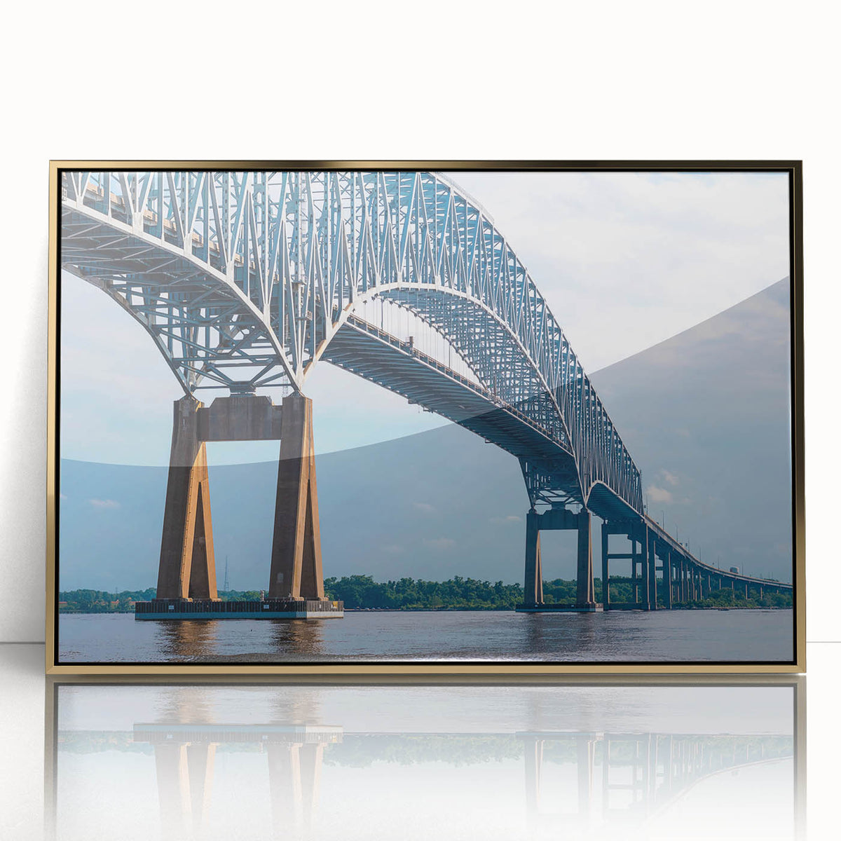 Framed acrylic print of Baltimore skyline in gold and blue tones, ideal for modern art wall decor.