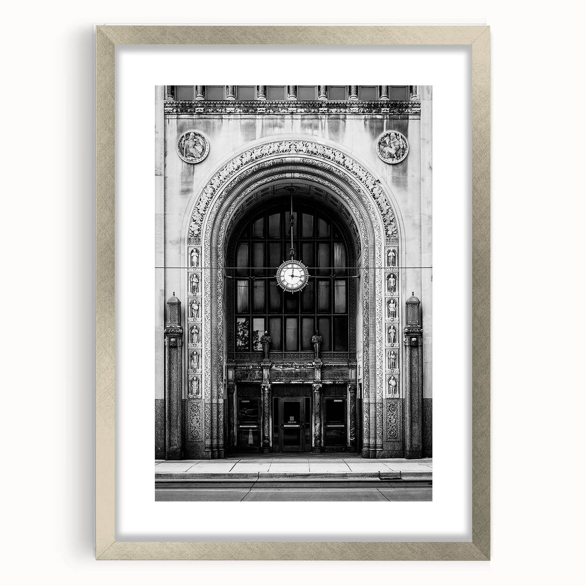 Textured abstract art print of Detroit skyline in muted gray tones on a framed silver mat, ideal for bedroom decor.