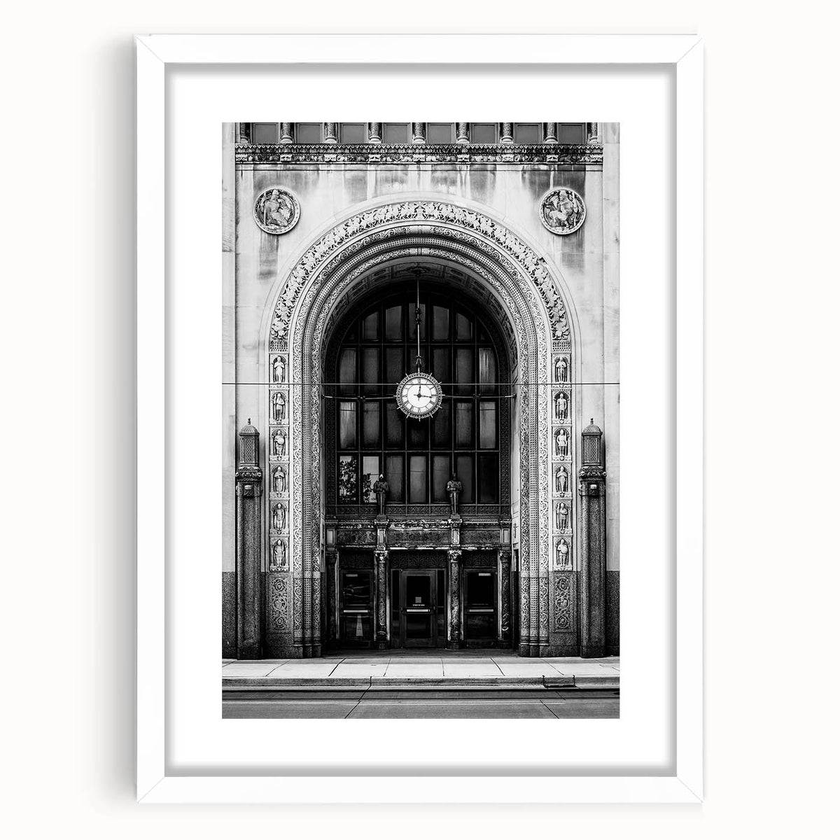 Abstract art print of Detroit skyline in muted gray and blue tones on a framed white mat, ideal for dining room decor.