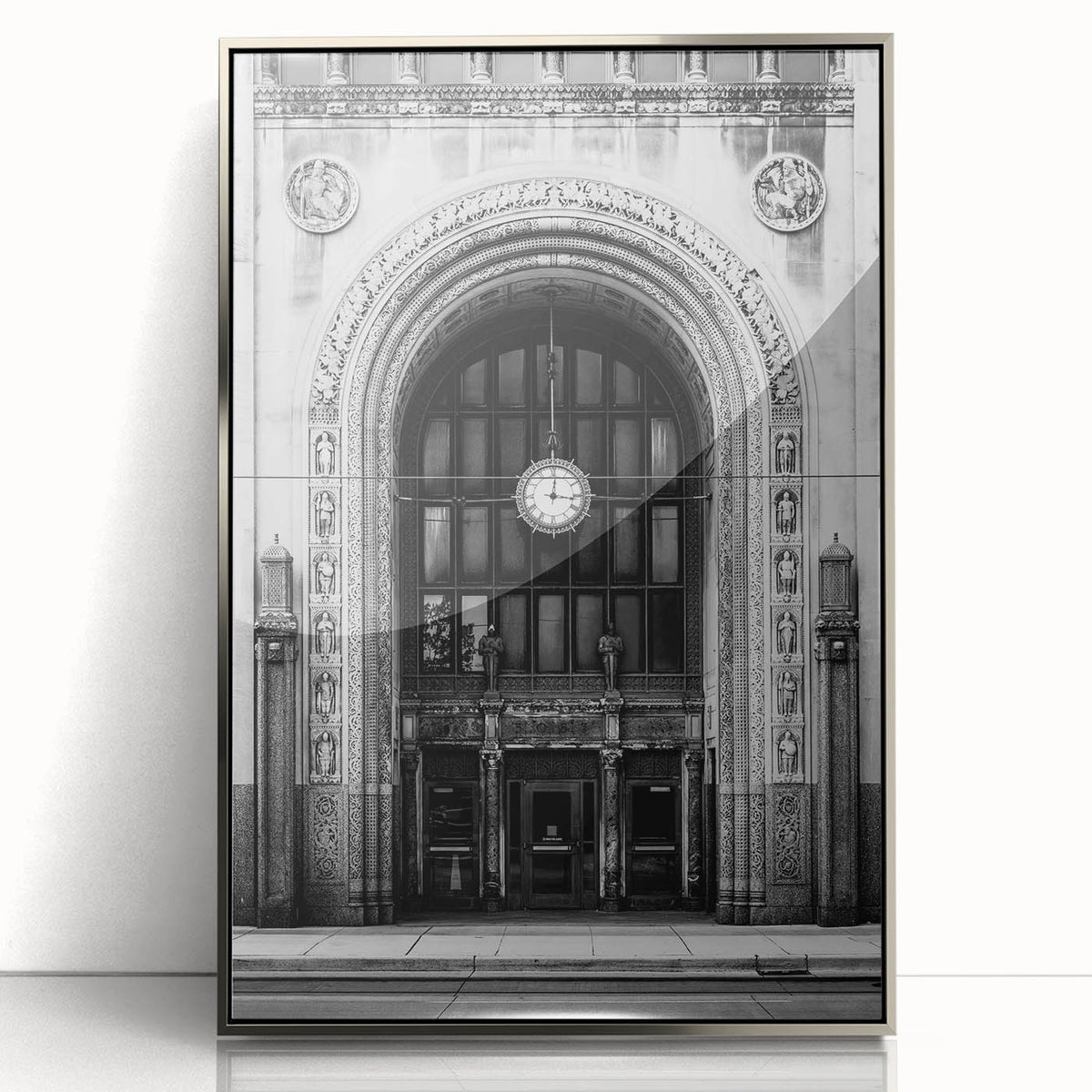 Large art print of Detroit skyline in muted grays and blues on a framed acrylic, ideal for modern art wall decor.
