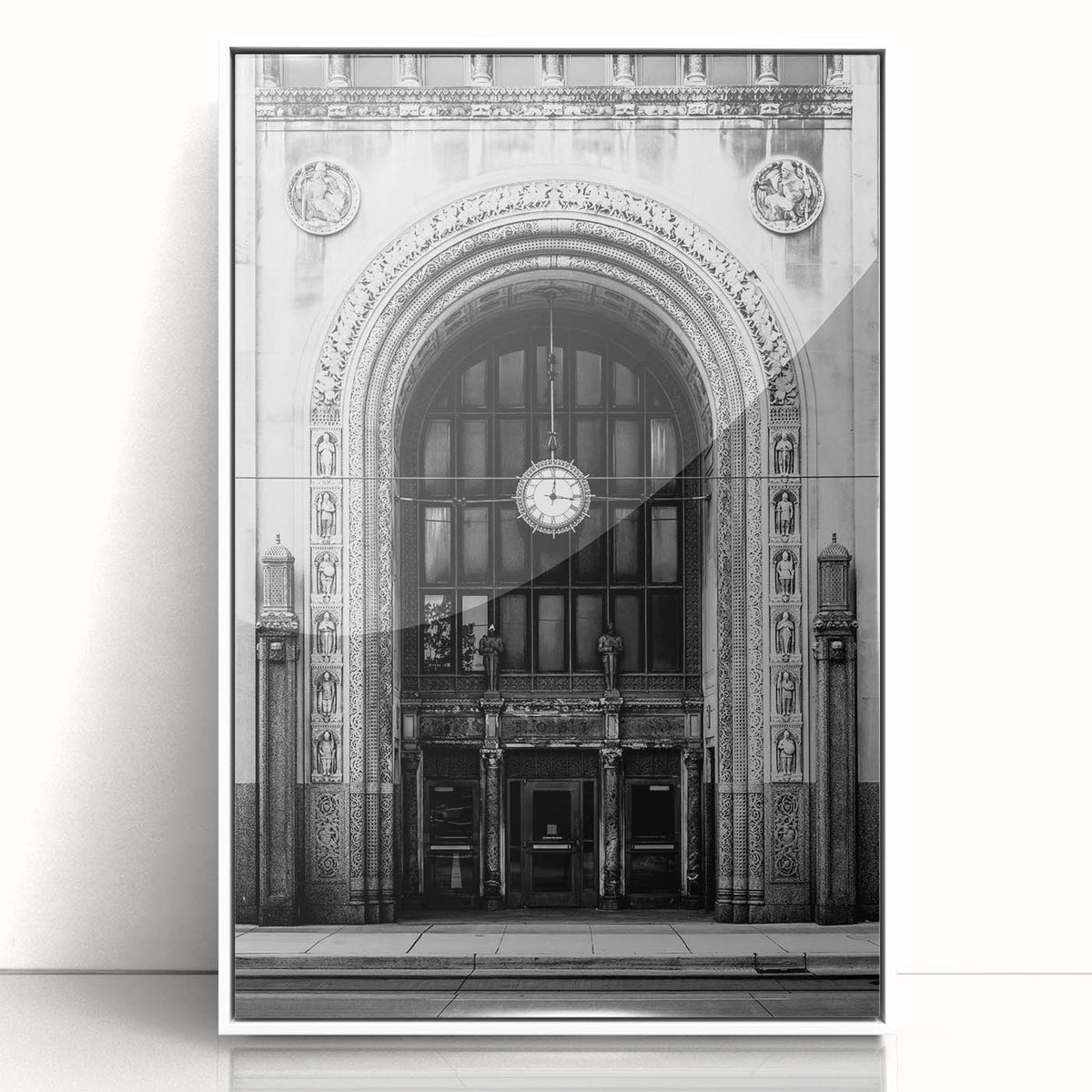 Art deco poster of Detroit skyline in muted gray and blue tones, acrylic framed print, ideal for modern nursery wall art.