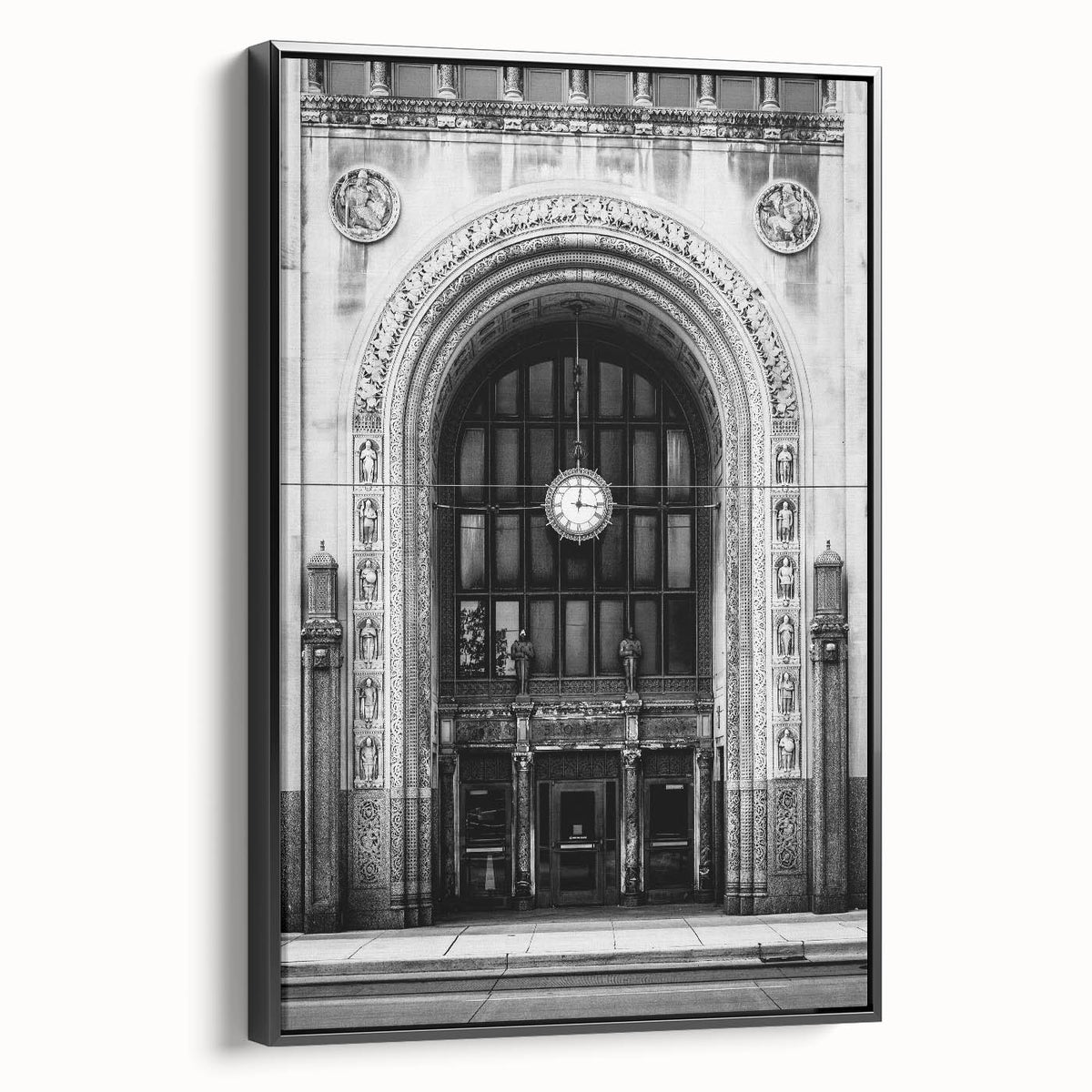 Black and white framed canvas of Detroit landscape, vintage poster style, ideal for bedroom decor.