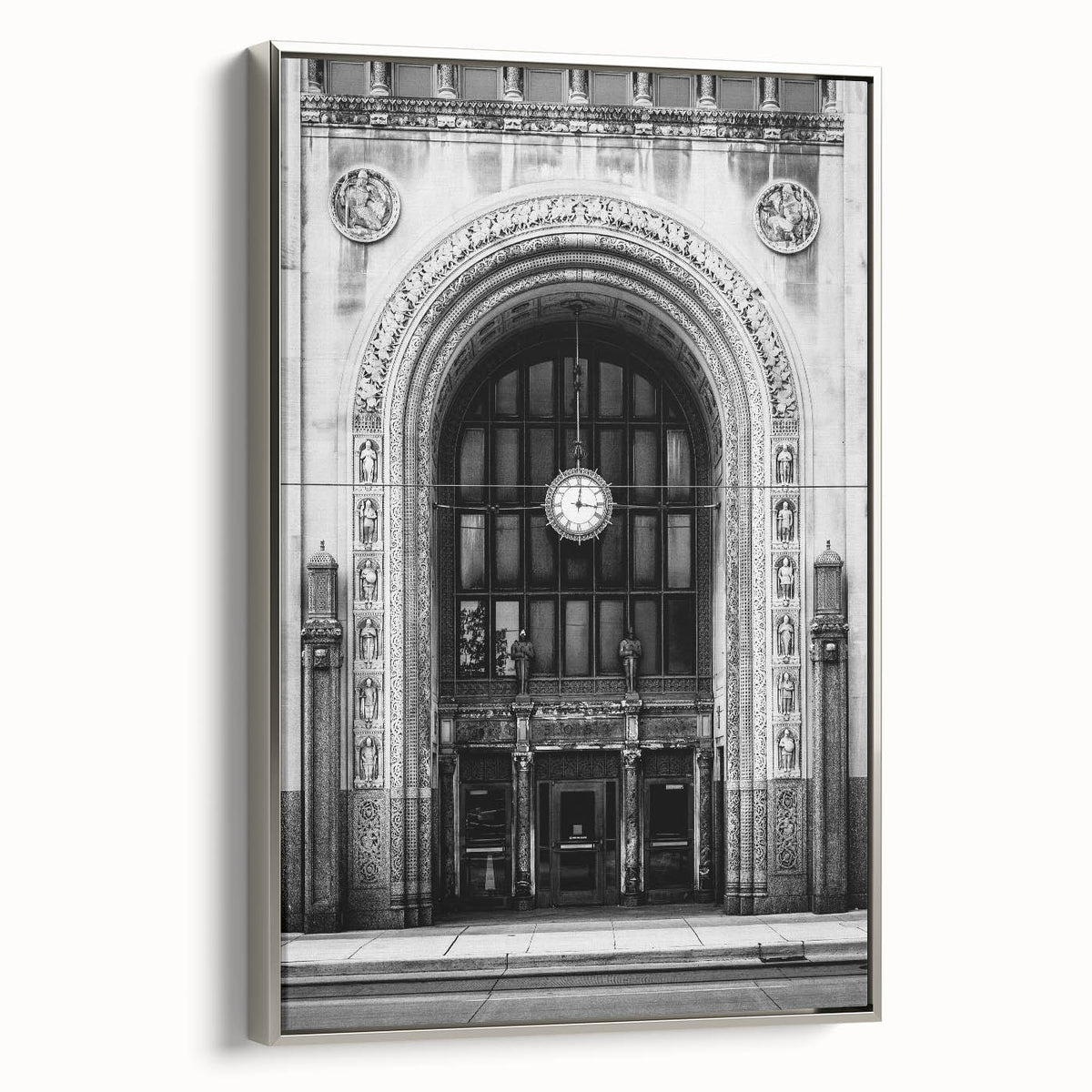 Framed canvas depicting a vintage-style Detroit landscape in monochrome black, ideal for bedroom wall art.