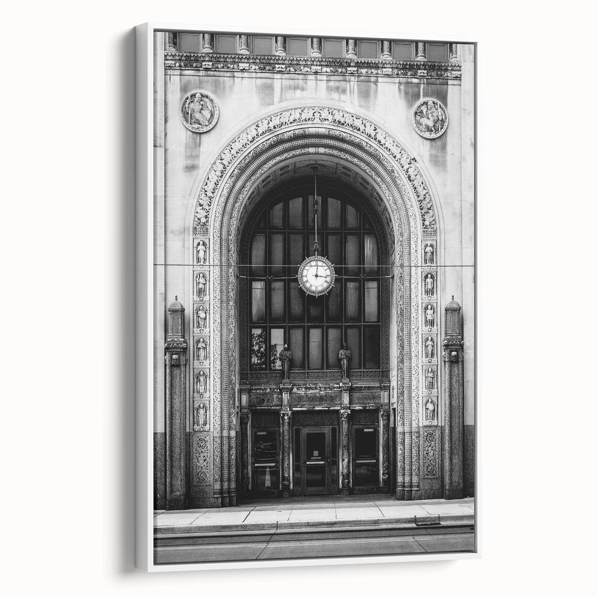 Framed canvas of a vintage-style Detroit landscape painting in muted colors, ideal for office decor.