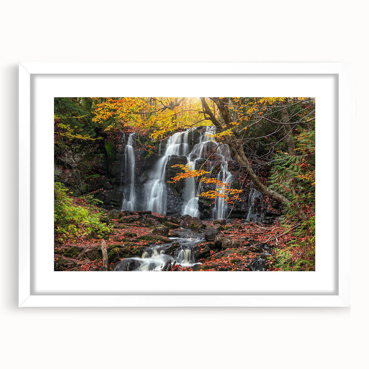 Abstract art print of Michigan's Upper Peninsula in muted earth tones on a framed white mat, ideal for dining room decor.