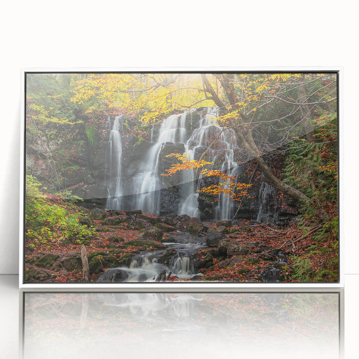 Art deco poster of Michigan's Upper Peninsula in muted earth tones on a white framed acrylic, suitable for nursery wall art.