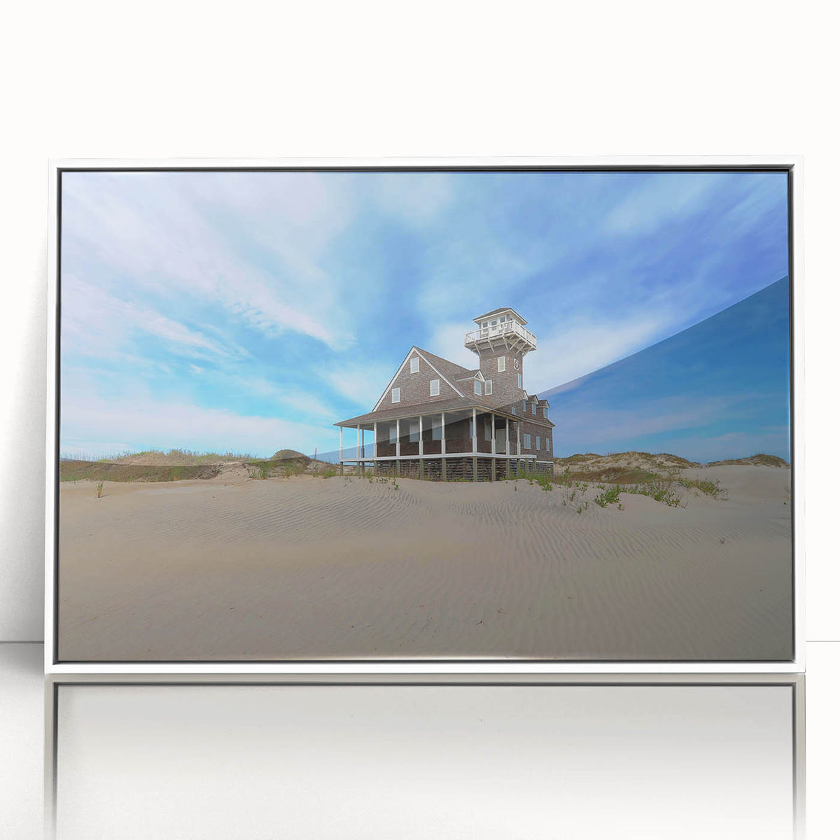 Art deco style poster of the Outer Banks, North Carolina in muted blue tones, framed acrylic.