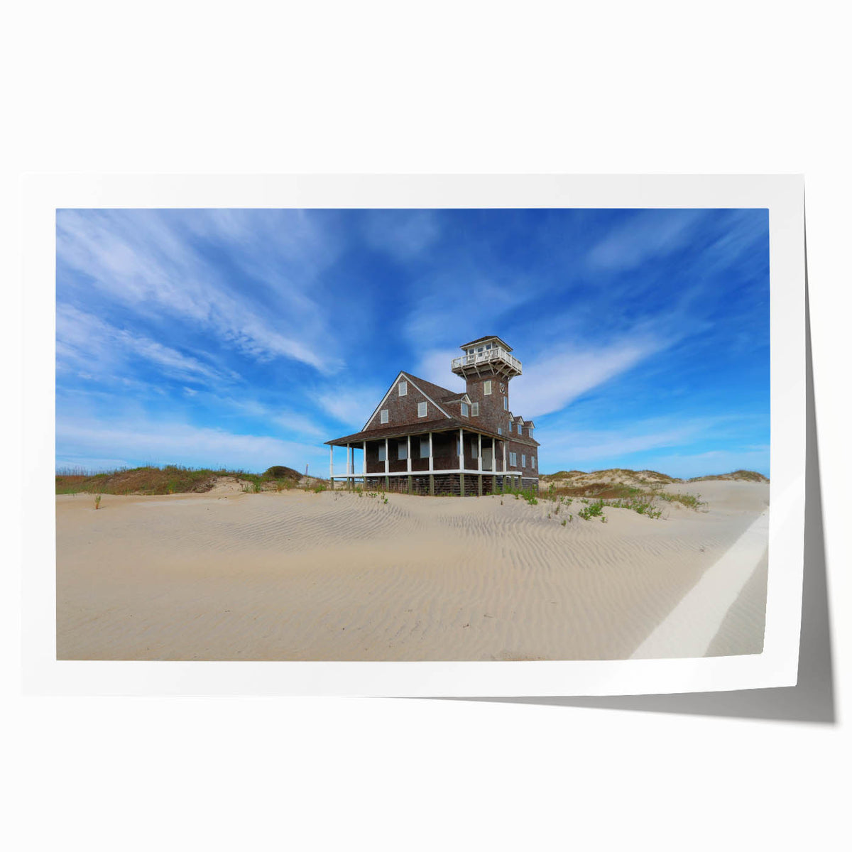Outer Banks, North Carolina scenery on rolled print, featuring soft pastel shades, ideal for art wall in dining room.