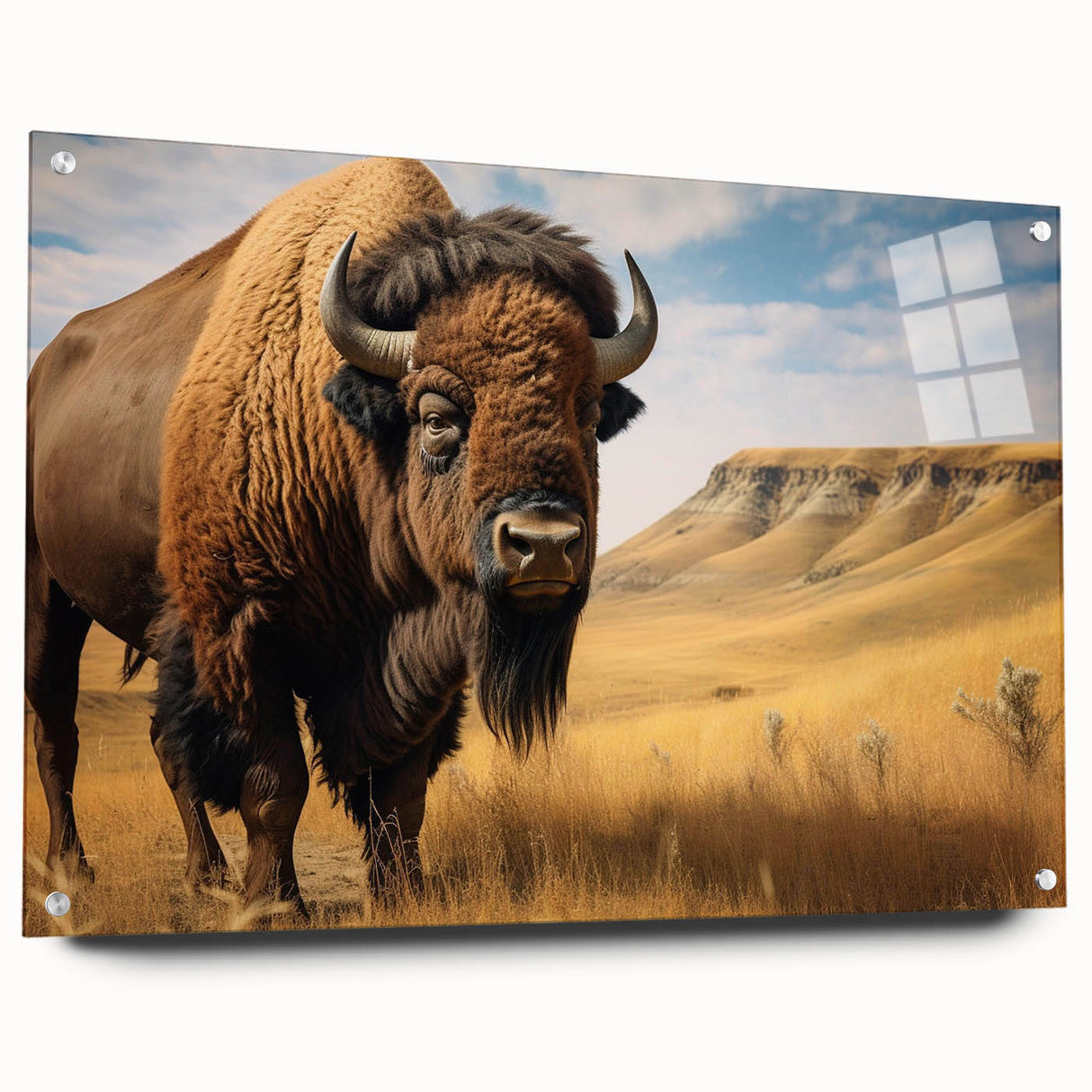 Large abstract wall art depicting North Dakota scenery in muted earth tones on acrylic glass.