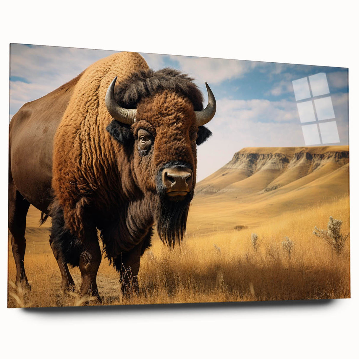 Large abstract wall art depicting North Dakota scenery in muted earth tones on acrylic glass.