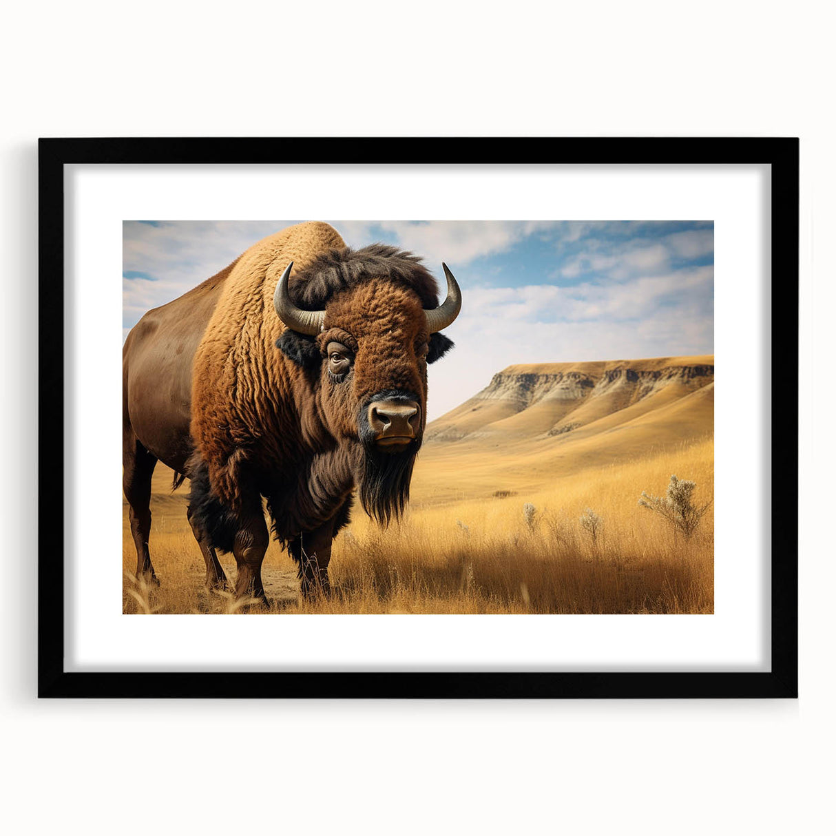 Abstract art print of North Dakota scenery in vibrant colors on a large textured canvas, framed in black.