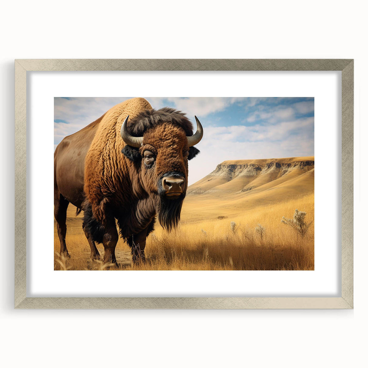 Textured abstract art print of a North Dakota landscape in muted earth tones, framed in silver, ideal for bedroom art.