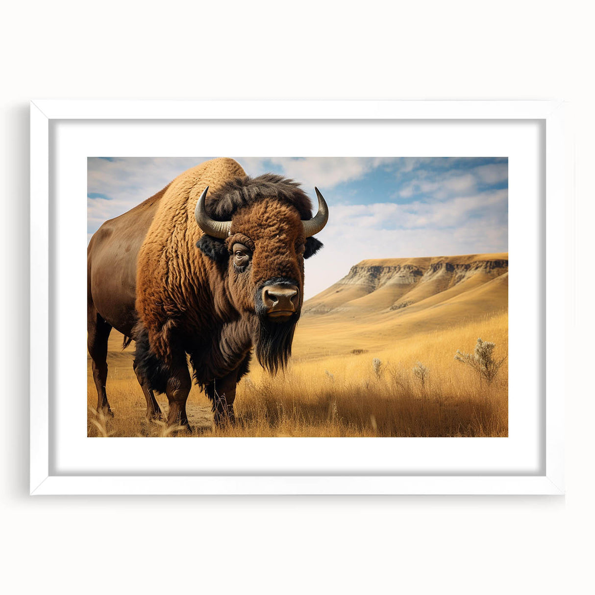 Abstract art print featuring swirling blues and grays, framed with a white mat, ideal for dining room decor.