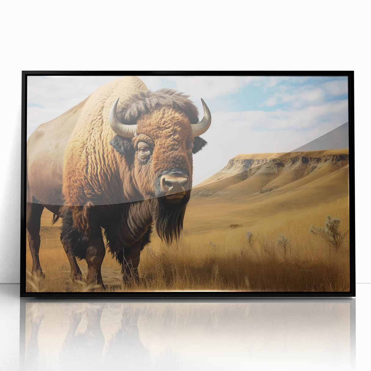 Large abstract wall art depicting North Dakota scenery in muted earth tones on a framed acrylic.