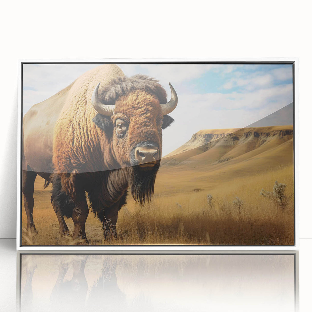 Art deco poster of North Dakota scenery in muted earth tones, framed acrylic, ideal for modern nursery wall art.