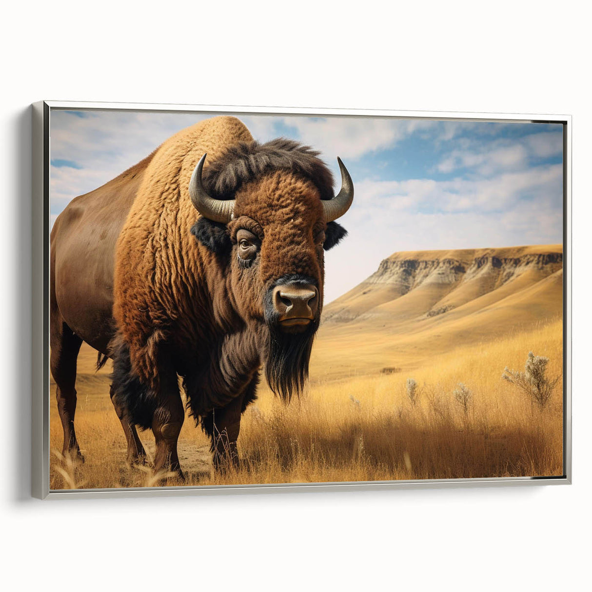 Framed canvas featuring a vintage-style landscape art painting of North Dakota, with colorful art elements and black borders.