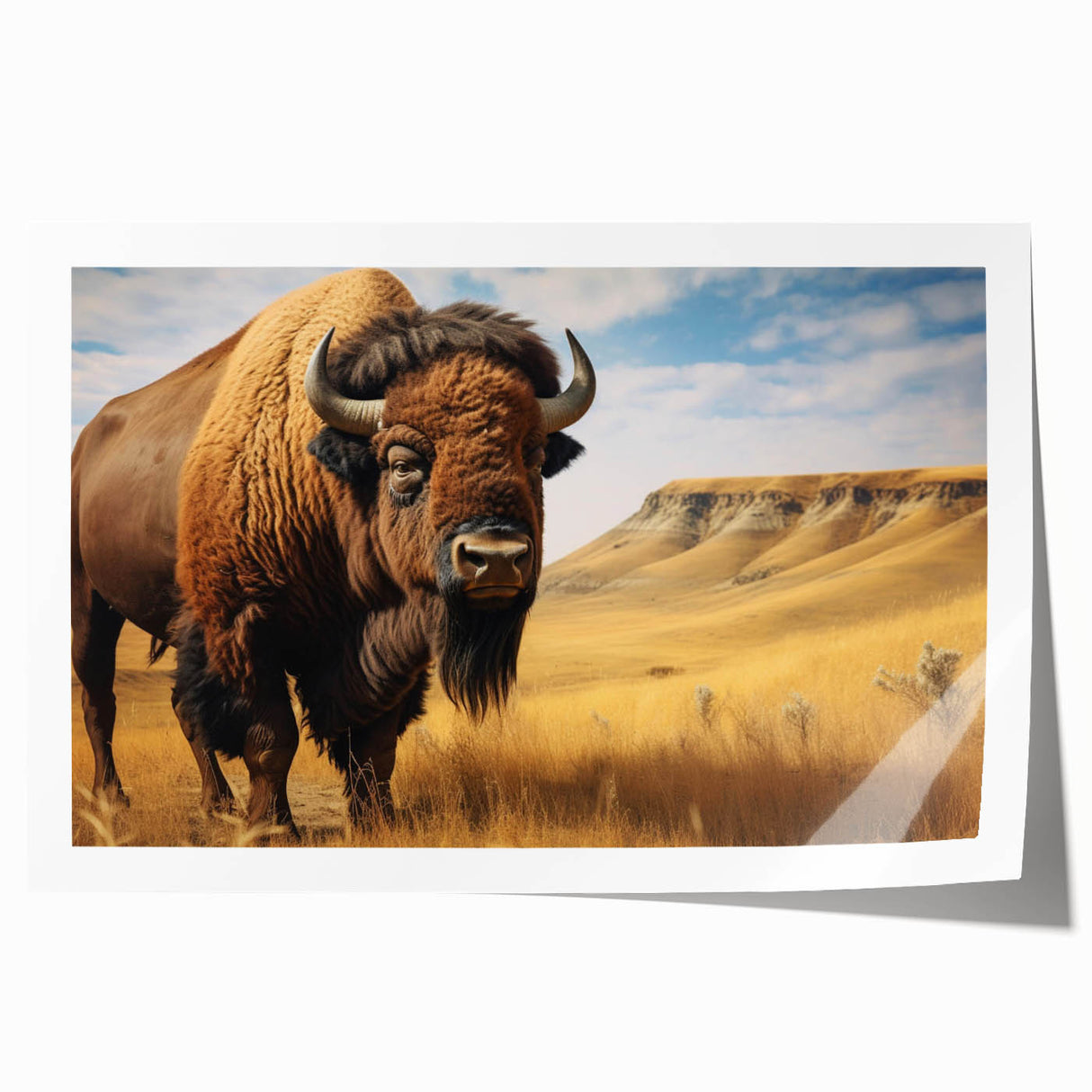 Rolled print of North Dakota scenery featuring muted green and brown floral elements, suitable as art wall for dining room.