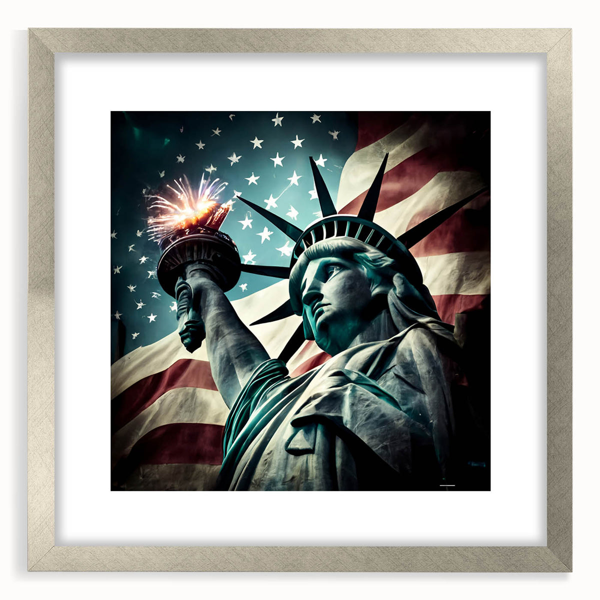Textured art print of the Statue of Liberty in abstract style with muted blue and gray tones on a framed silver mat.