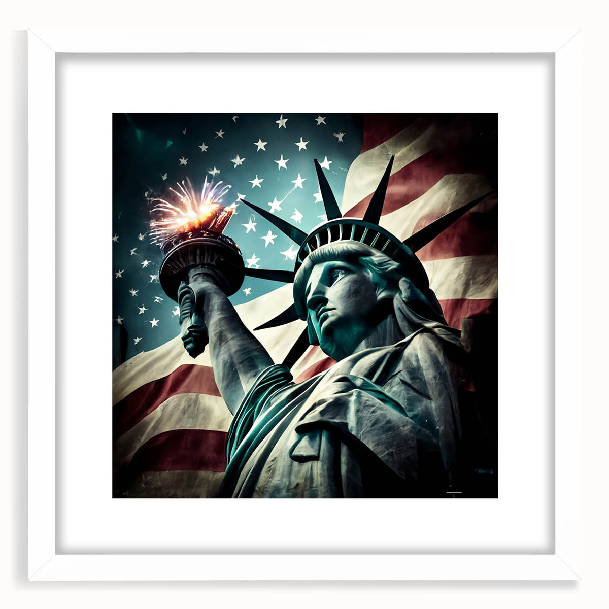 Abstract art print of the Statue of Liberty in muted blue and gray tones on a framed white mat.