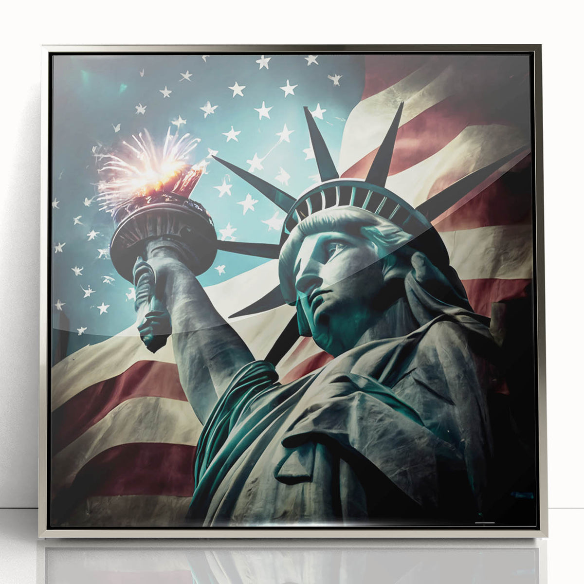 Mid-century modernist art of the Statue of Liberty in muted silver and gray tones, acrylic print framed.