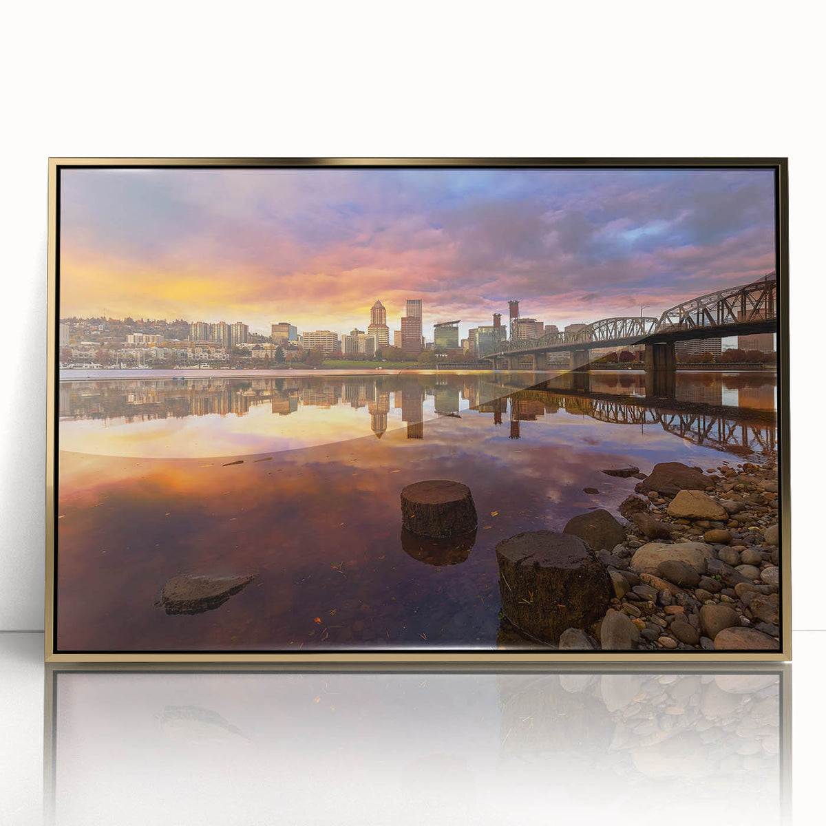 Large art print of Portland, Oregon skyline in gold and black tones on a framed acrylic.