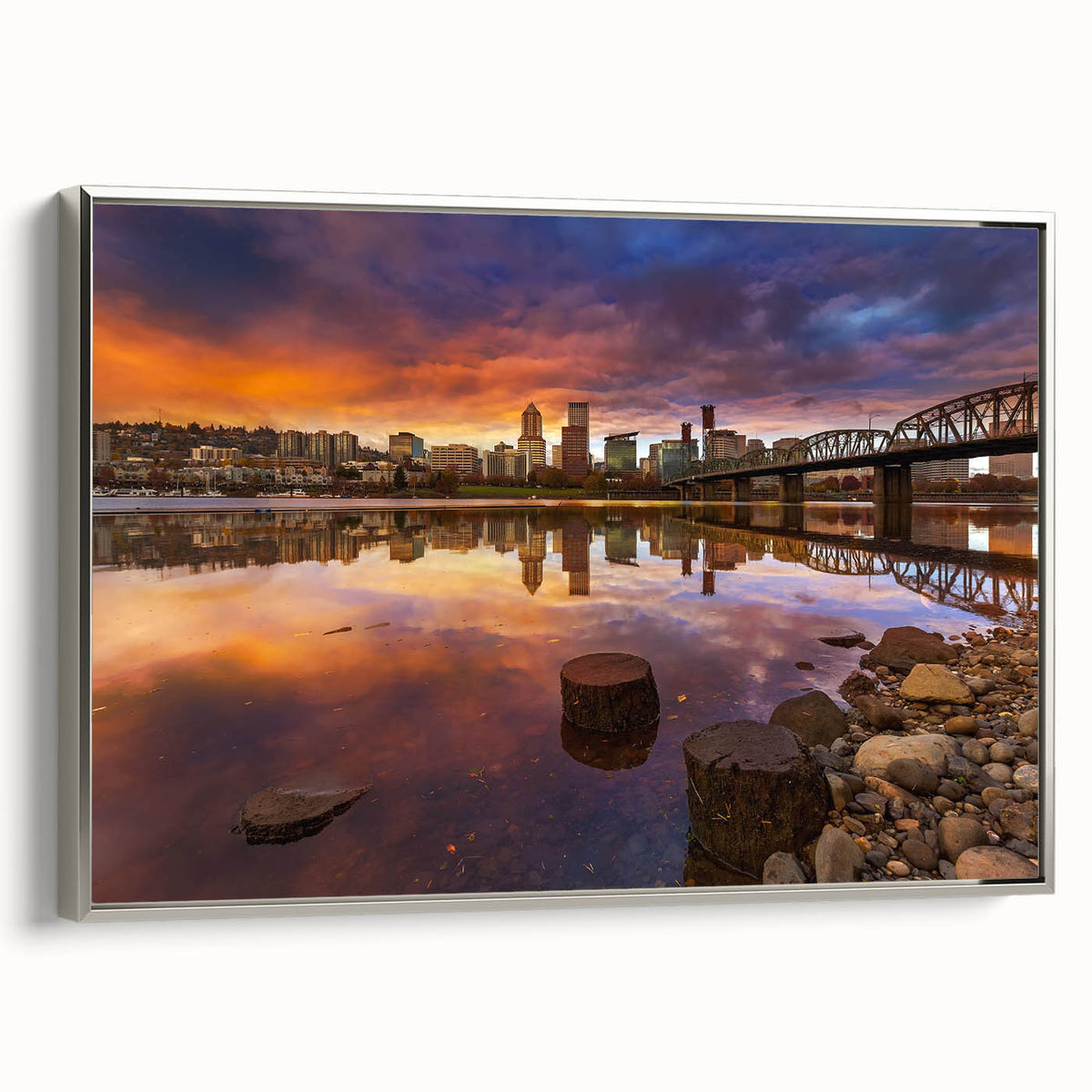 Landscape art painting of Portland, Oregon, featuring muted colorful hues on a framed canvas, ideal for office decor.