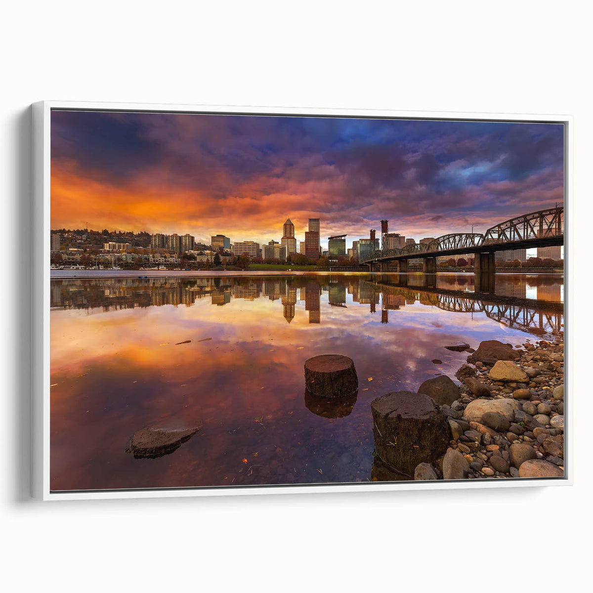 Vintage poster art of Portland, Oregon, with colorful accents on extra large framed canvas, ideal for living room decor.