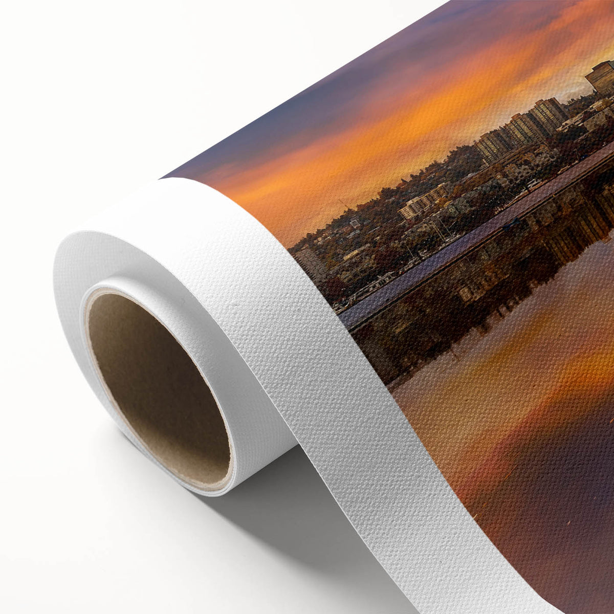 Art Deco poster of Portland, Oregon skyline in muted teal and orange, on rolled canvas, ideal for nursery wall art.