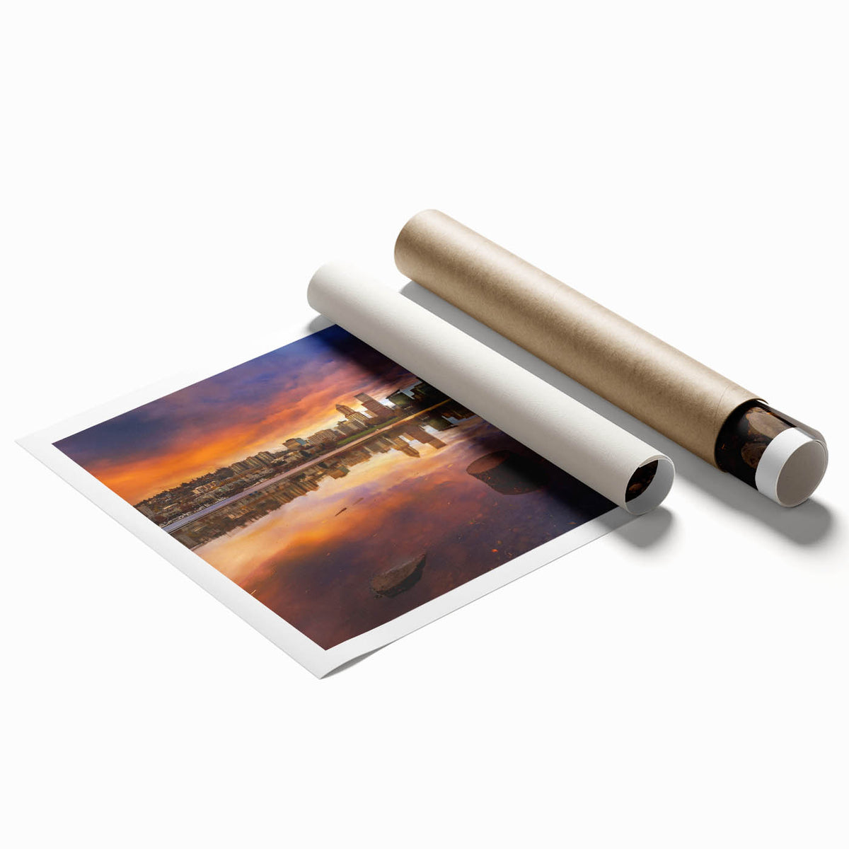 Rolled print of Portland, Oregon scenery with soft pastel shades, ideal for classy bathroom wall art.