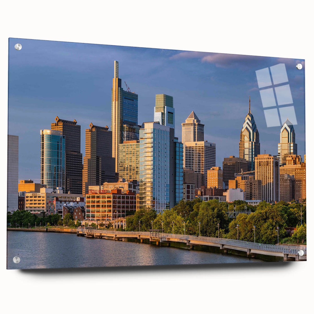 Acrylic print of the Philadelphia skyline in muted gray and blue tones, suitable for bedroom or dining room decor.