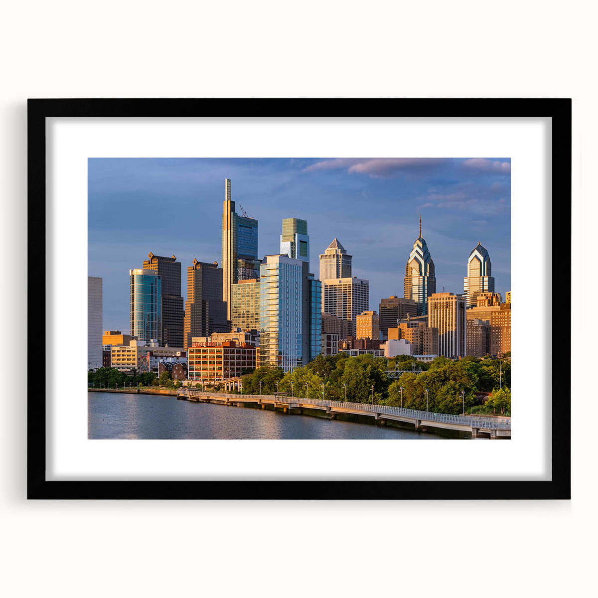 Extra large, textured abstract art print of colorful Philadelphia skyline, in a black frame with mat.