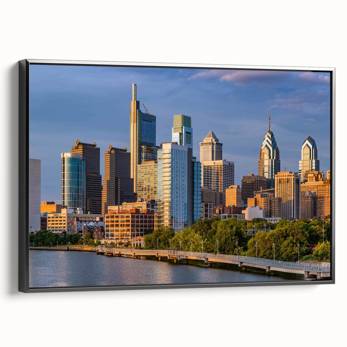 Black and white wall art of the Philadelphia skyline on framed canvas, ideal for bedroom decor.