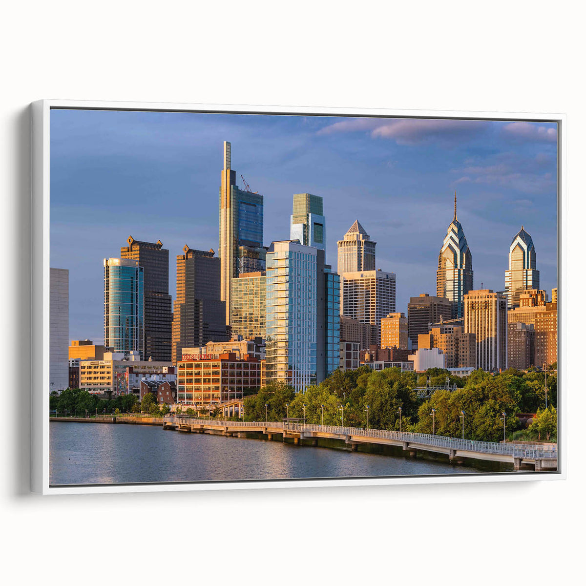 Vintage poster art of Philadelphia skyline in colorful hues on a large framed canvas, suited for living room decor.