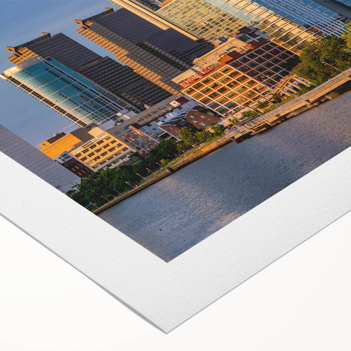 Art deco poster of Philadelphia skyline in muted blue and gold tones on rolled canvas, suitable for dining room decor.