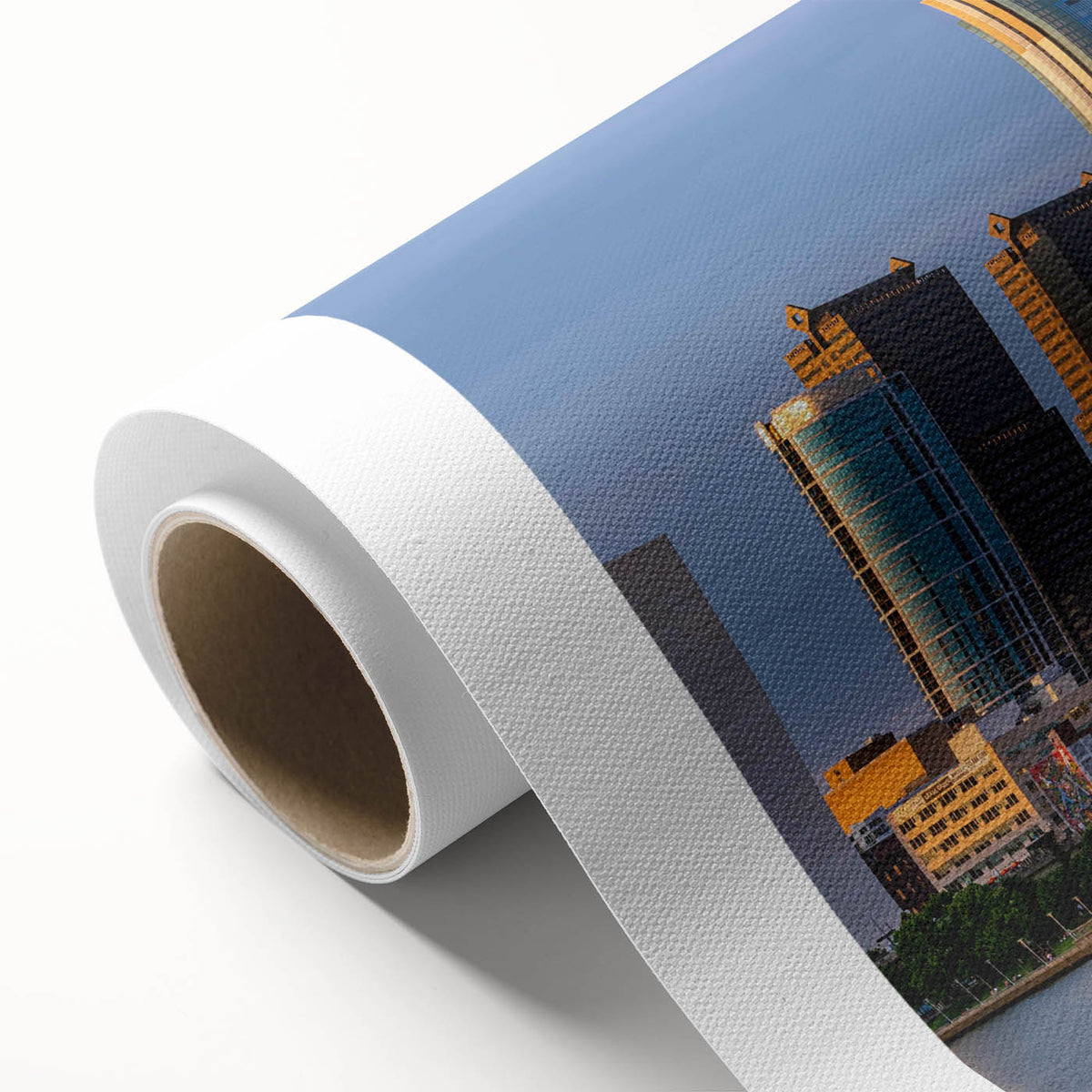 Art deco poster of Philadelphia skyline in pastel shades on rolled canvas, ideal for nursery wall art.