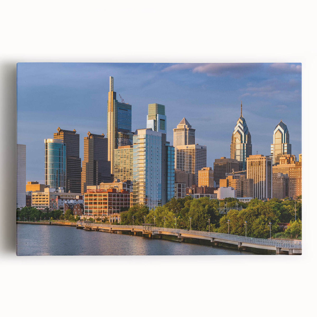 Black and white large art print of Philadelphia skyline on stretched canvas, ideal for kitchen wall art.