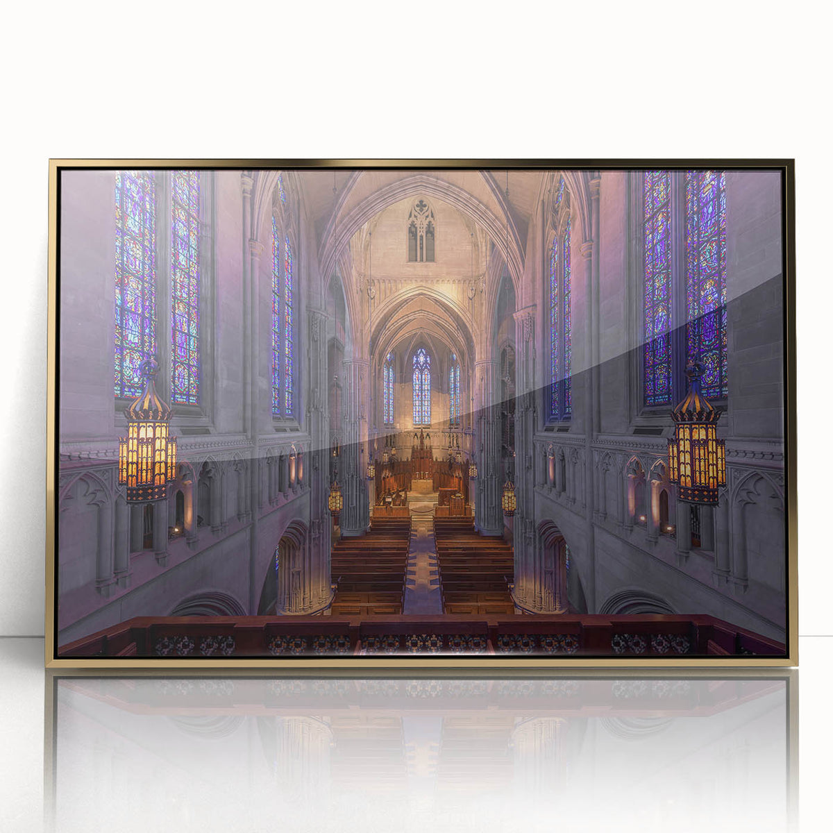 Framed acrylic print of Pittsburgh skyline in gold and blue tones, suitable for modern art wall decor.