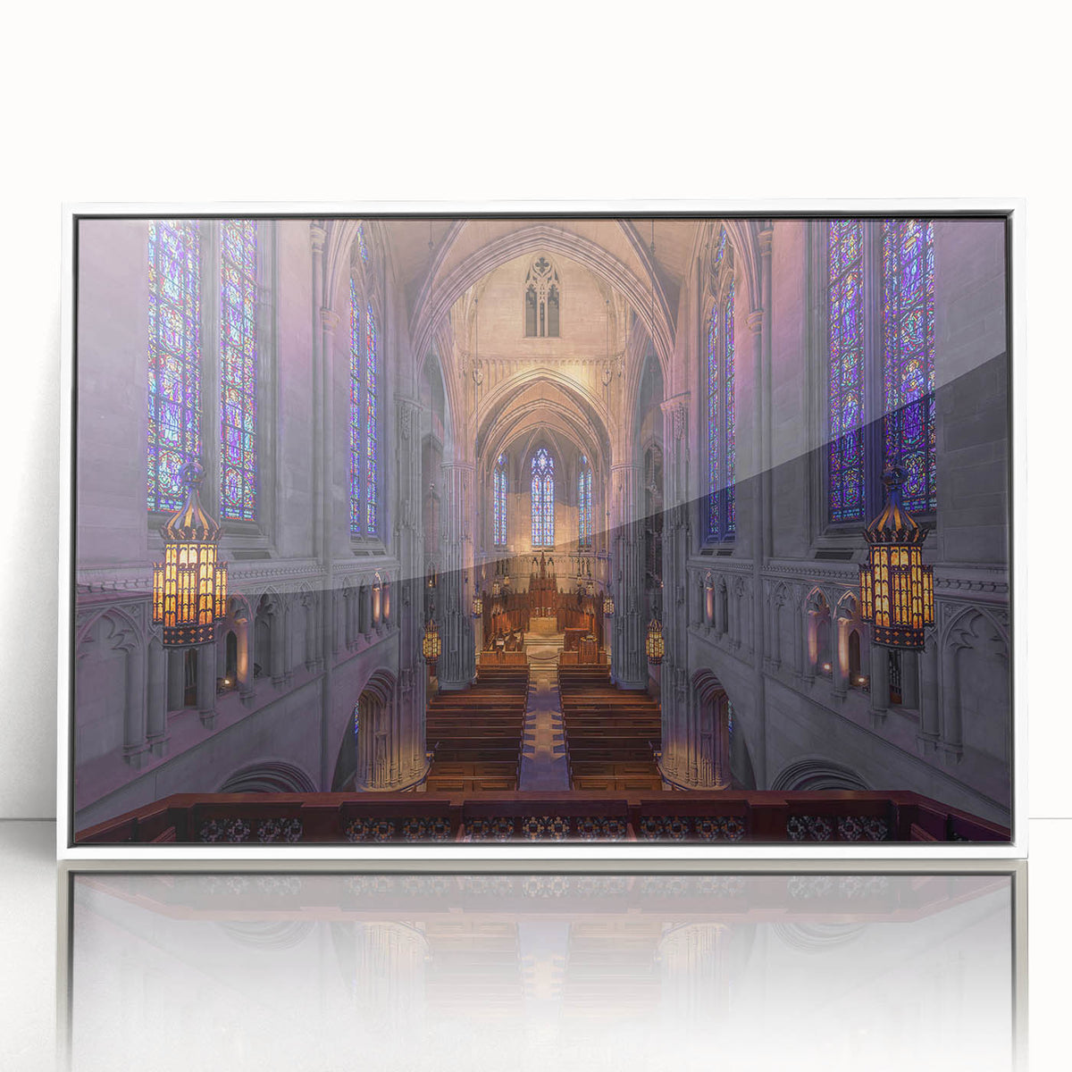 Framed acrylic print of Pittsburgh skyline in art deco style, with muted gray and blue tones.