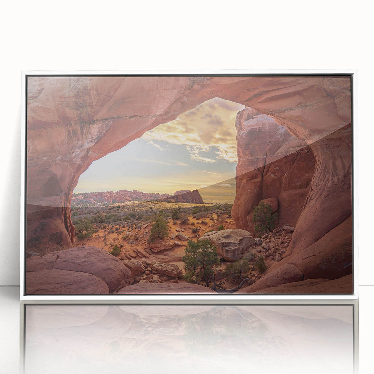 Arches National Park depicted in muted earth tones on a framed acrylic, suitable for modern art wall decor.