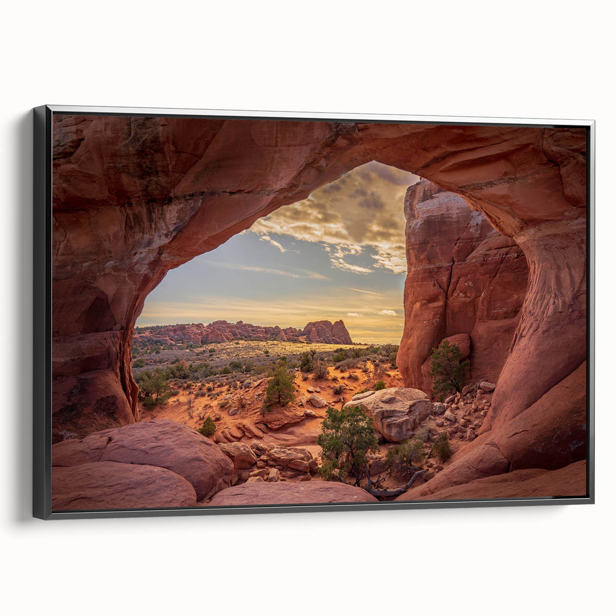 Black and white framed canvas depicting Arches National Park, ideal for bedroom wall decor.