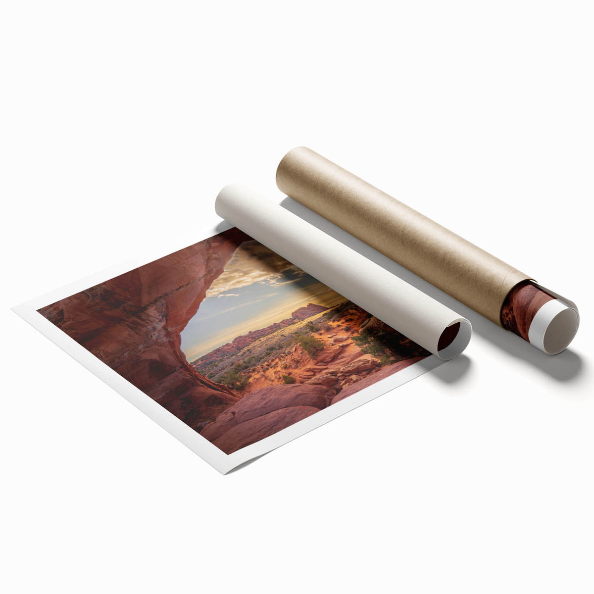 Extra large rolled print of Arches National Park in muted earth tones, ideal for classy bathroom wall art.