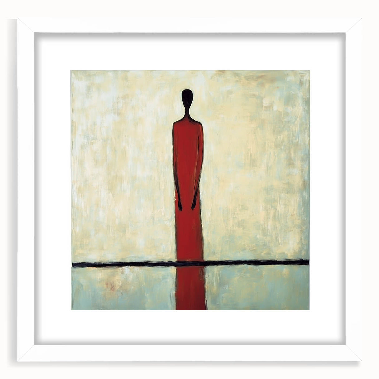 Abstract figurative art frame with a white mat, showcasing modern design elements and clean lines, ideal for contemporary home decor settings.
