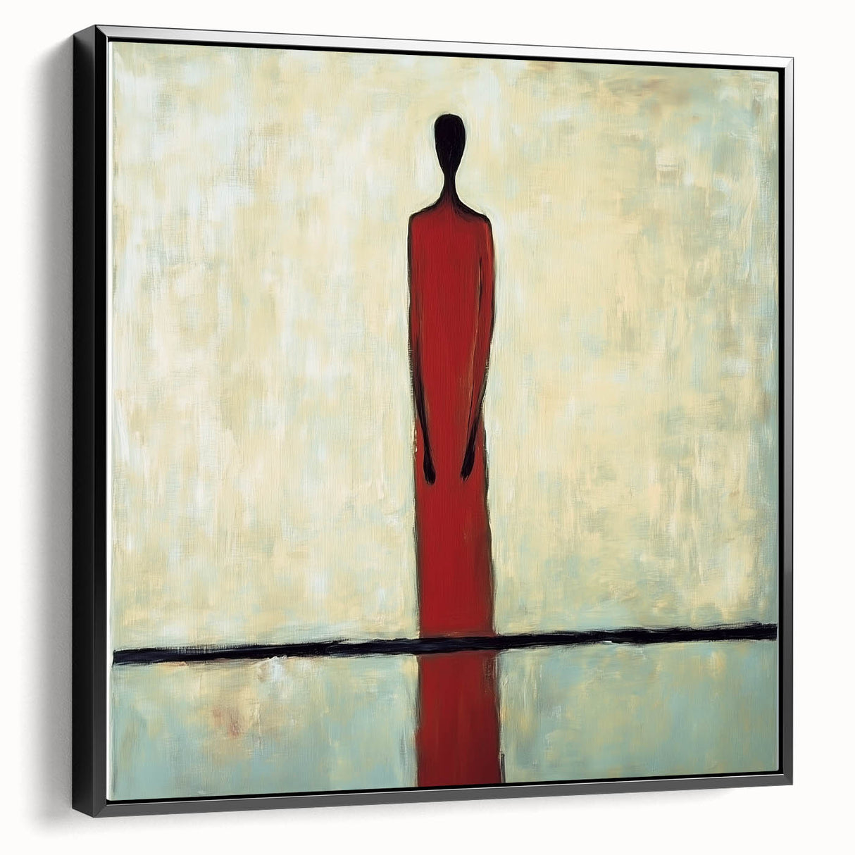 Abstract figurative framed canvas art showcasing dynamic shapes and bold colors, viewed from the side against a neutral background, ideal for modern decor.