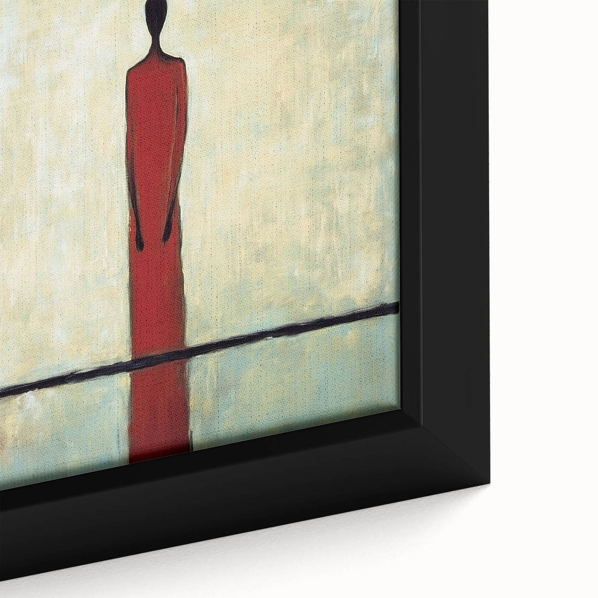 Close-up of a vibrant abstract figurative framed canvas art piece showcasing bold colors and intricate patterns, perfect for modern home decor or artistic spaces.