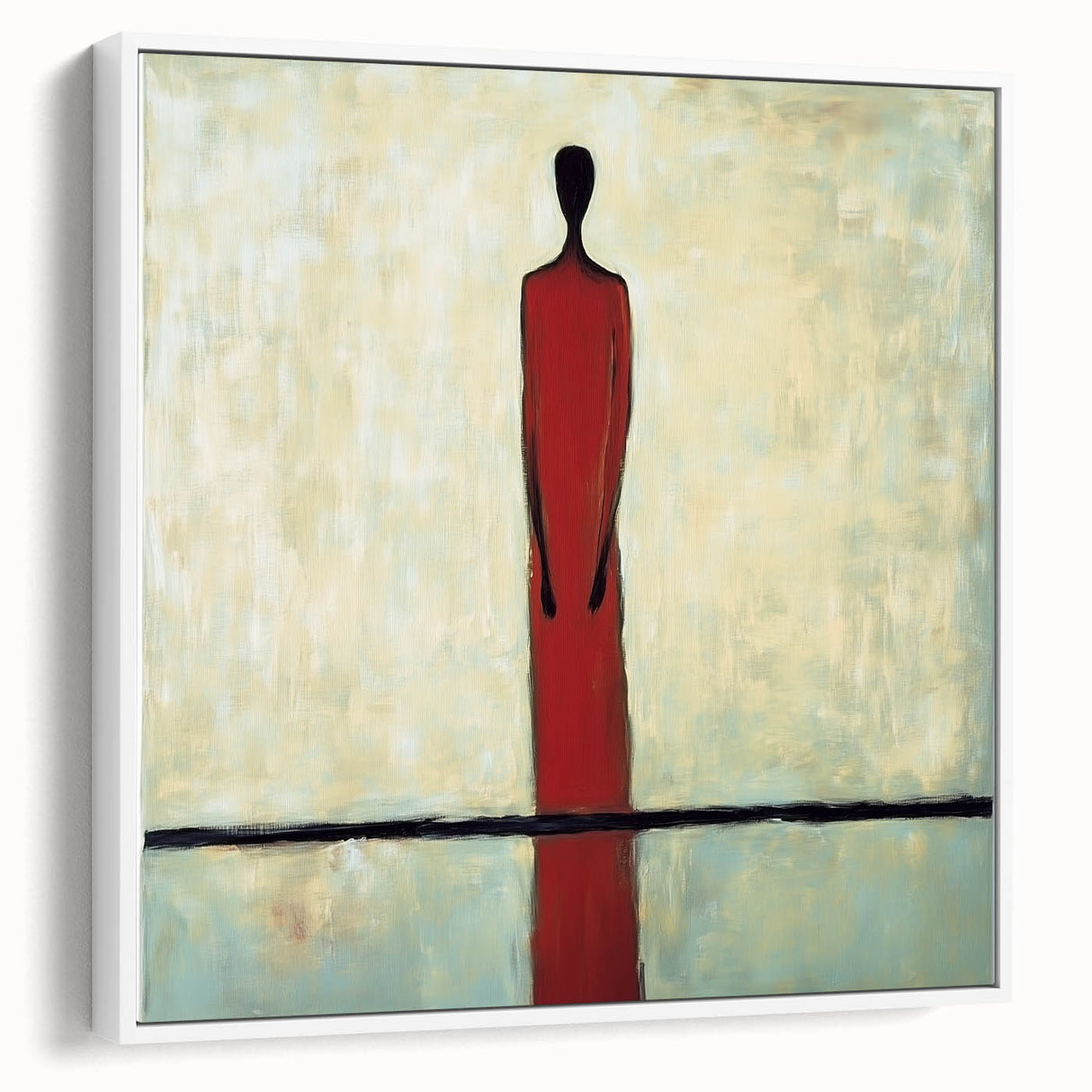 Abstract figurative art piece in a sleek white frame, showcasing dynamic shapes and bold colors, perfect for modern home decor. Ideal for art enthusiasts seeking unique wall accents.
