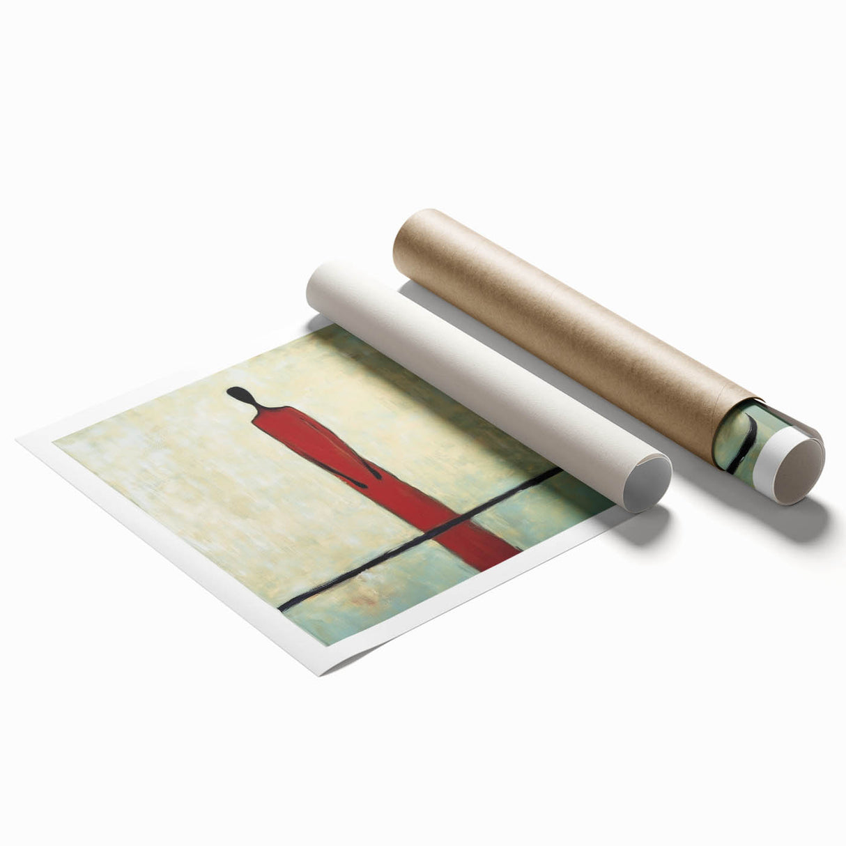 Abstract figurative rolled print showcasing vibrant colors and dynamic shapes, ideal for modern home decor, presented in a protective cardboard tube.