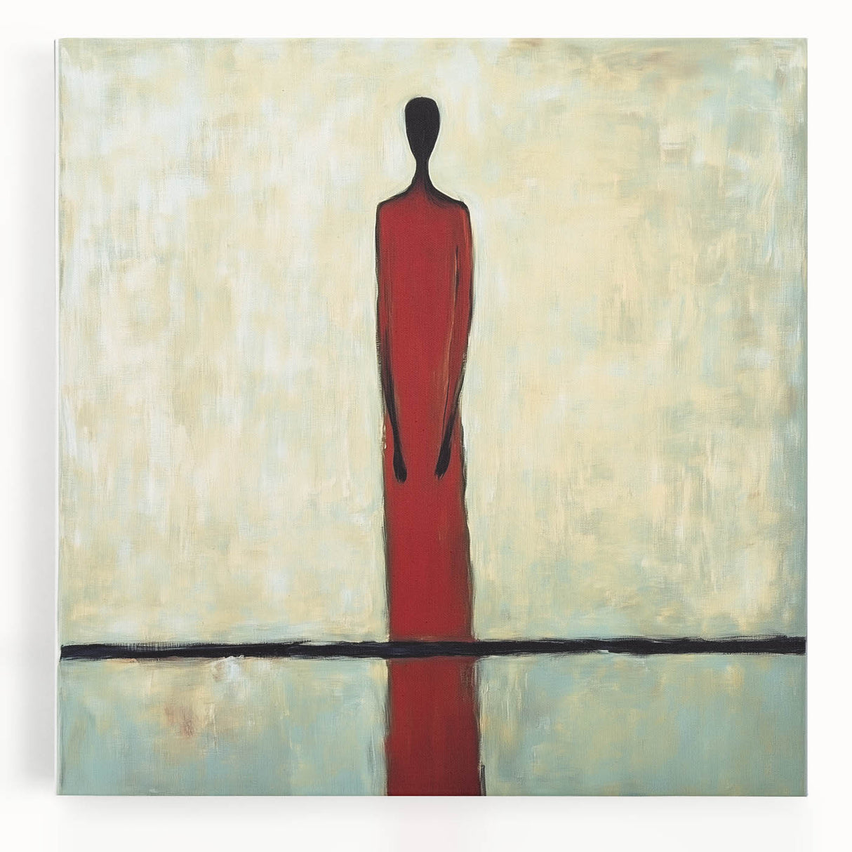Abstract figurative stretched canvas artwork featuring vibrant colors and dynamic shapes, ideal for modern home decor. Perfect for adding a contemporary touch to living spaces.